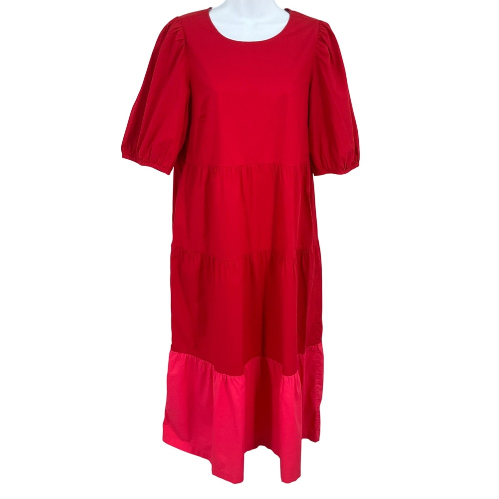 Old Navy Tiered Dress Womens M Red Colorblock Puff Sleeve Midi Cottagecore